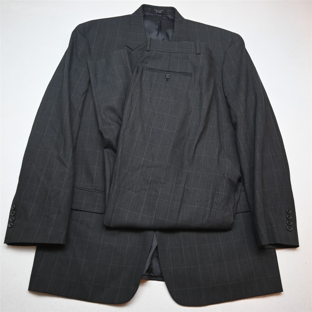Paulo Solari 44L 36x32 Gray Windowpane 100% Wool Mens Jacket Pants Suit
